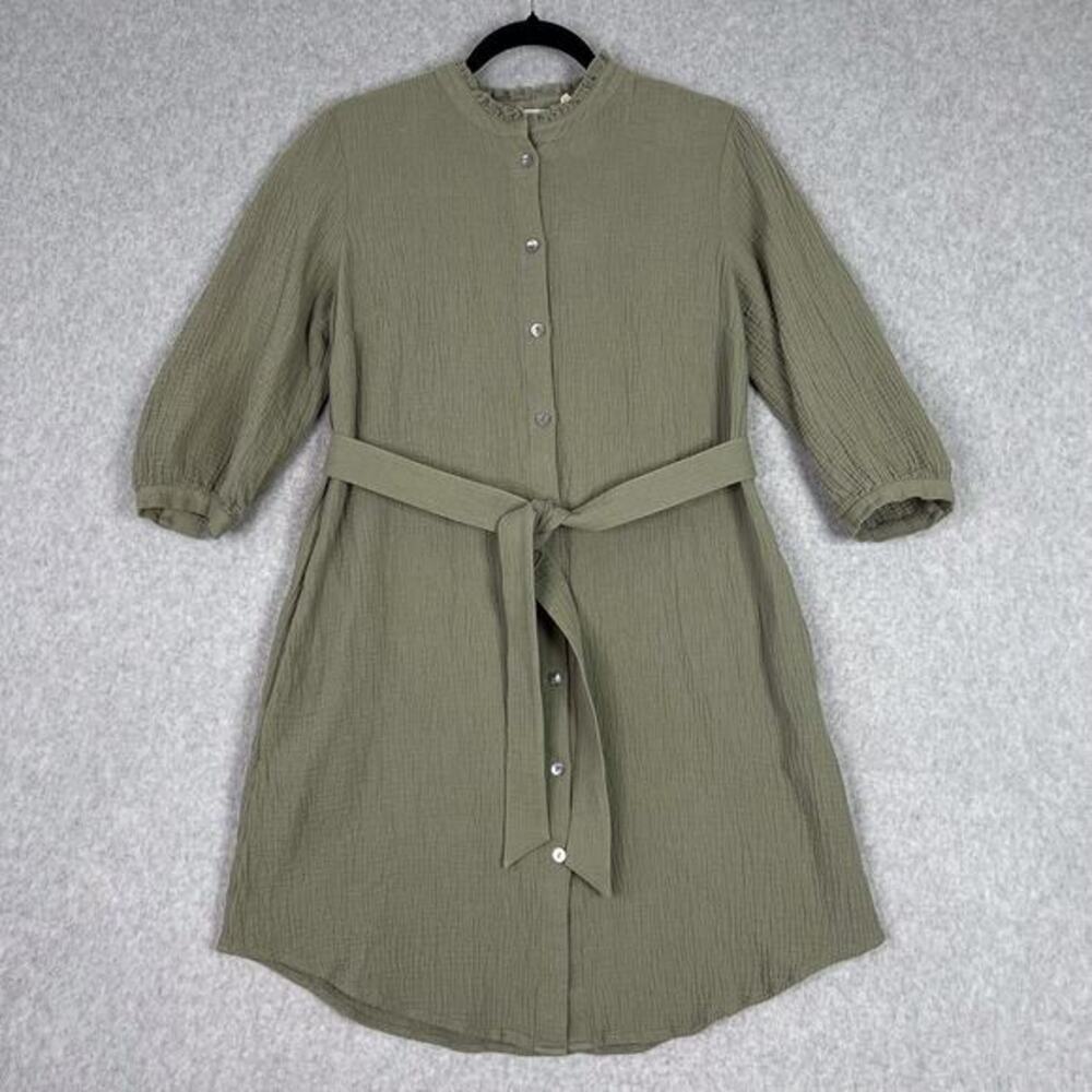 Soft Surroundings Sage Green Cotton Gauze Belted Button Up Dress Pockets Size XS - Picture 1 of 10